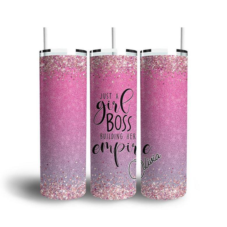 Custom Just A Girl Boss Building Her Empire Pink Glistening Skinny Tumbler, Custom Name, Quote Gift For Girl, Personalized Name Skinny Tumbler
