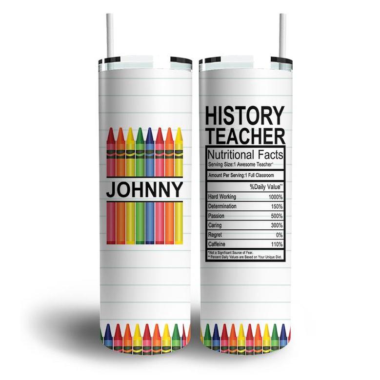 Custom History Teacher Nutrition Facts Skinny Tumbler, Custom Name, Colorful Crayons, Teachers Gift, Personalized Teacher Skinny Tumbler