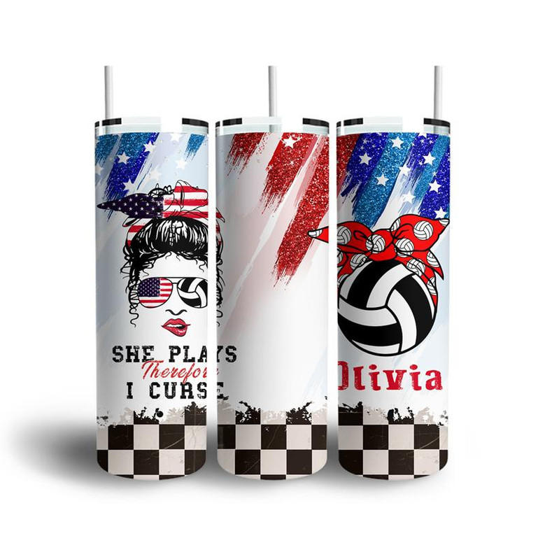 Custom She Plays Therefore I Curse Skinny Tumbler, Custom Name, Gift For Volleyball Lovers, Personalized Volleyball Skinny Tumbler