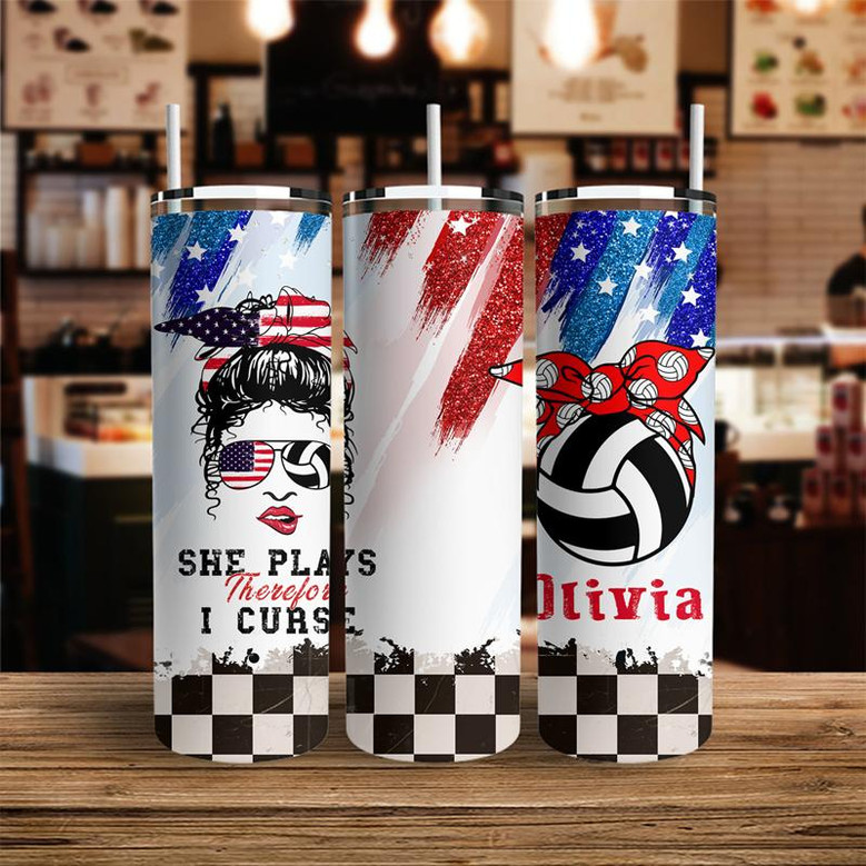 Custom She Plays Therefore I Curse Skinny Tumbler, Custom Name, Gift For Volleyball Lovers, Personalized Volleyball Skinny Tumbler