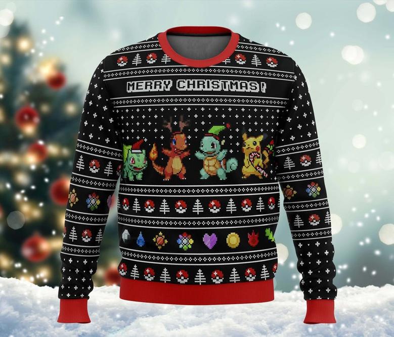 Po-ke-mon Kan-to Starters Ugly Christmas Sweater, Manga All Over Print Sweatshirt, Anime Cartoon Characters Ugly Sweater