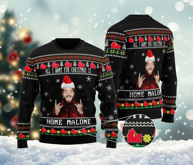 Post Malone Ugly Christmas Sweater, Home Malone All Over Print Sweater, Ghost Malone Xmas Sweatshirt