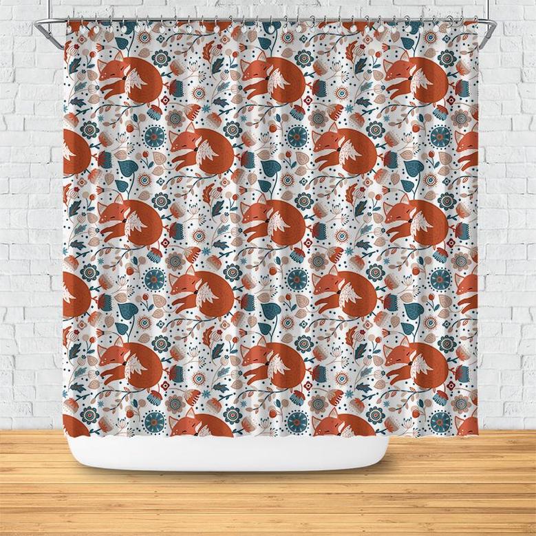 Sleepy Fox In The Forest Flowers Nordic White Color Pattern Boho Shower Curtain