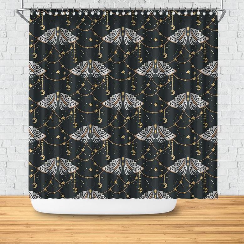 Sparkle Night Moon Star With Butterfly Boho Shower Curtain