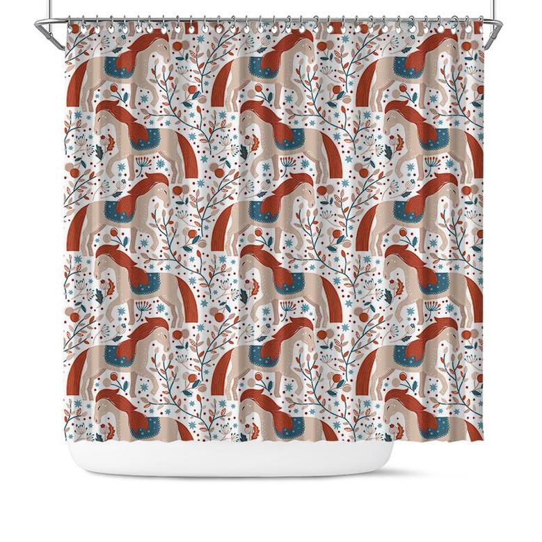 White Horses Pattern With Floral Nordic Boho Shower Curtain