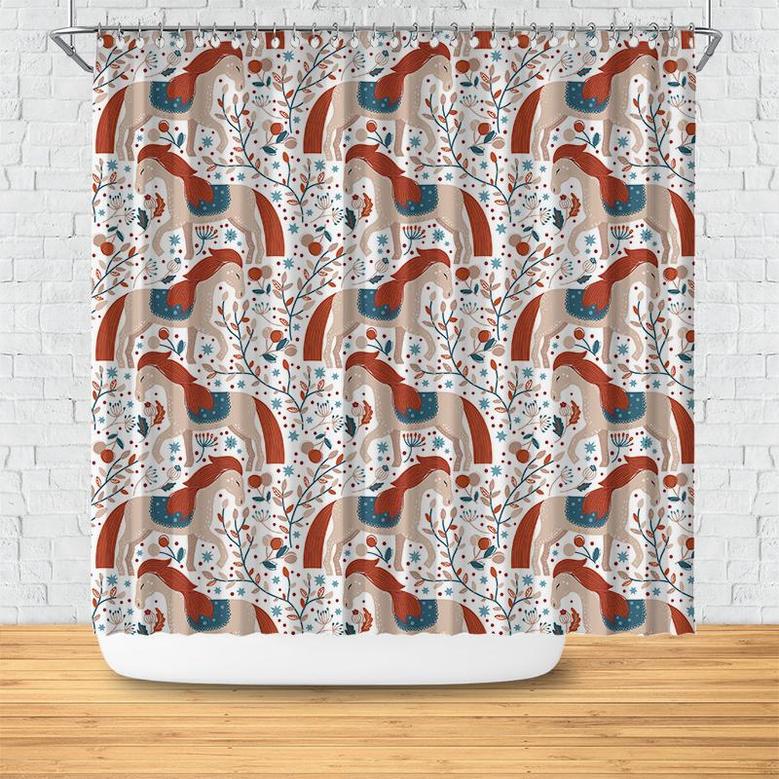 White Horses Pattern With Floral Nordic Boho Shower Curtain