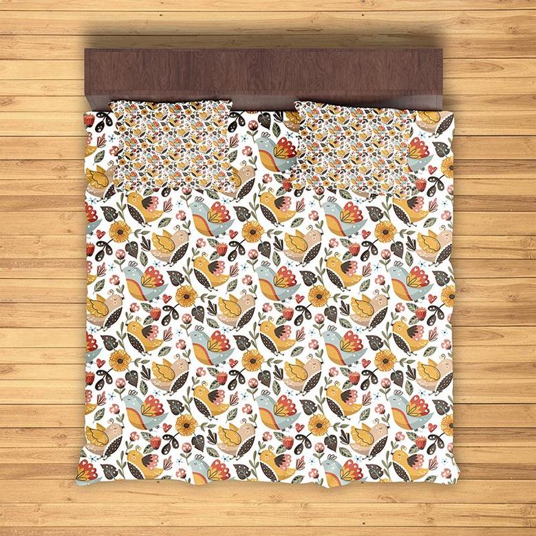 Yellow And Blue Birds Boho Birds And Flowers 3 Pieces Bedding Set