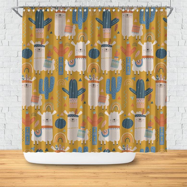 Yellow Boho Llama Cute Animal And Cactus Pattern Boho Shower Curtain
