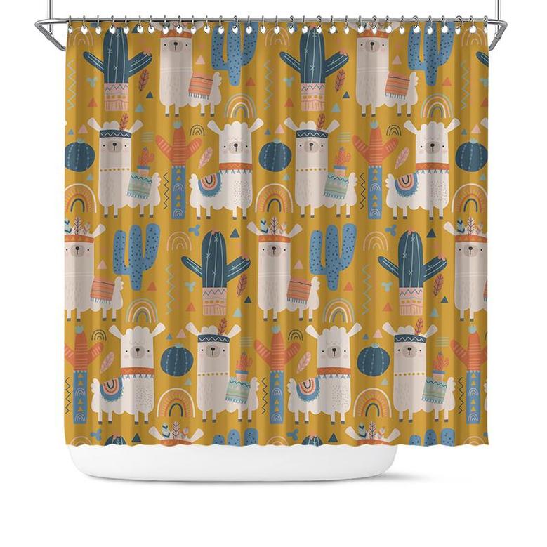 Yellow Boho Llama Cute Animal And Cactus Pattern Boho Shower Curtain