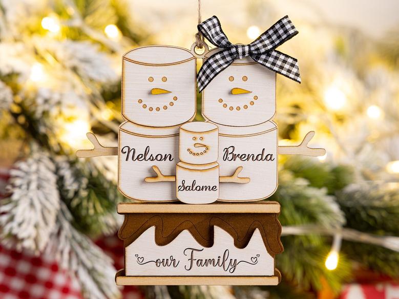 Personalized Snowman Family Wooden Ornament Christmas Engraved Ornament