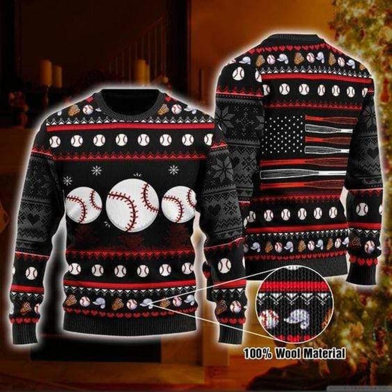 Baseball Ugly Christmas Sweater Baseball Ball Hat Gloves Black Sweater