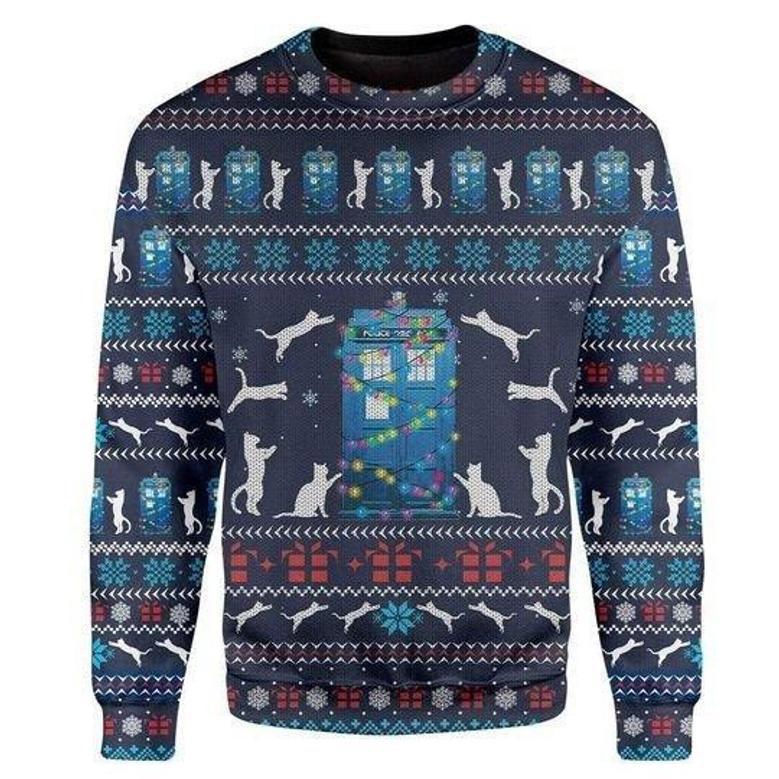 Cat Christmas Sweater Cat Tardis Christmas Pattern Blue Ugly Sweater