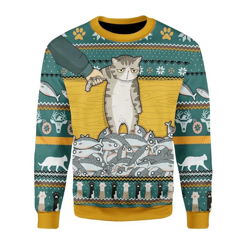 Cat Christmas Sweater Cat With Fish Funny Ugly Sweater