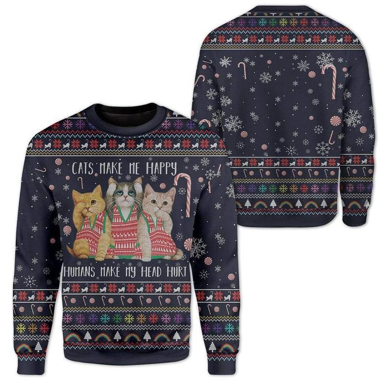 Cat Christmas Sweater Cats Make Me Happy Humans Make My Head Hurt Christmas Pattern Ugly Sweater