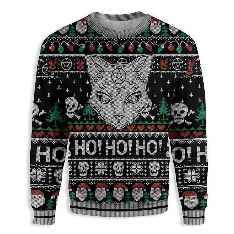 Cat Sweater Wicca Black Cat Ho Ho Ho Christmas Pattern Ugly Sweater