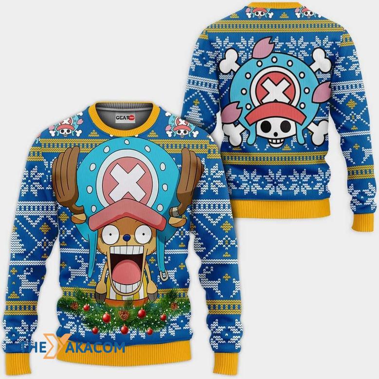 Chopper One Piece Anime BlueYellow Custom Gift For Fan Anime Christmas Ugly Sweater