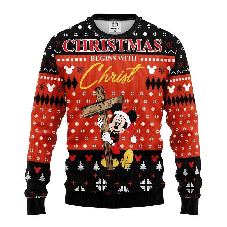 Disney Christmas Sweater Christmas Begins With Christ MK Mouse Black Red Ugly Sweater