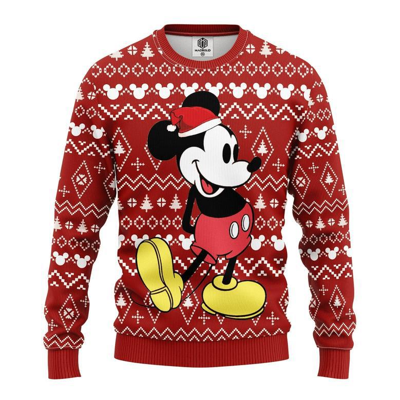 Disney Christmas Sweater MK Mouse Christmas Hat Christmas Tree And Mouse Head Pattern Red Ugly Sweater