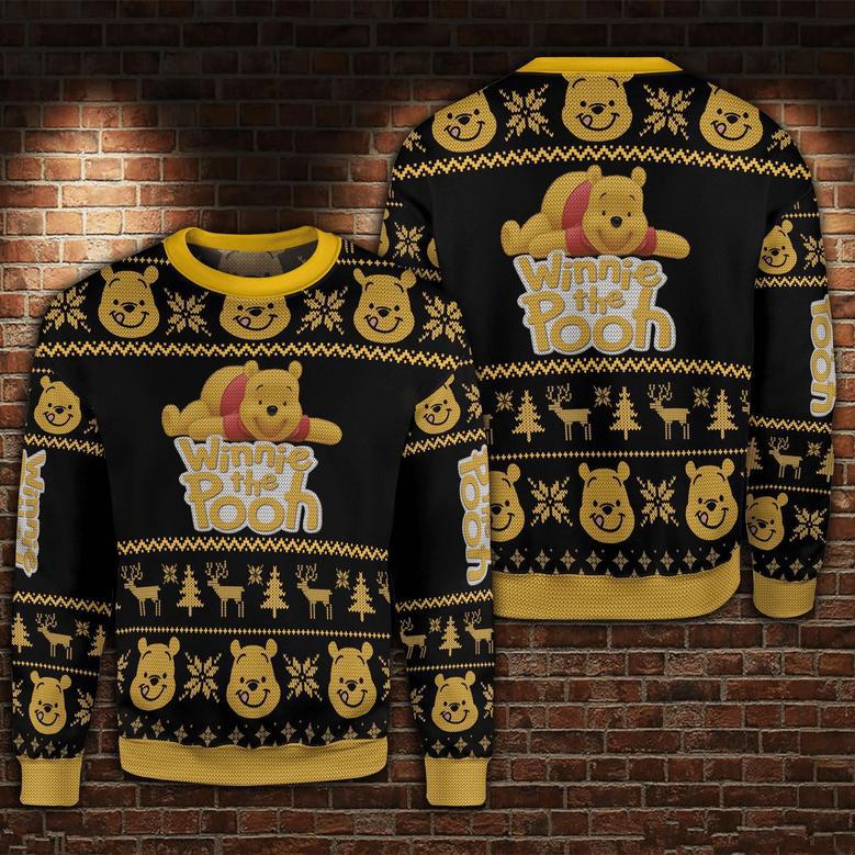 Disney Christmas Ugly Sweater Winnie The Pooh Christmas Snowflakes Reindeer Black Yellow Sweater