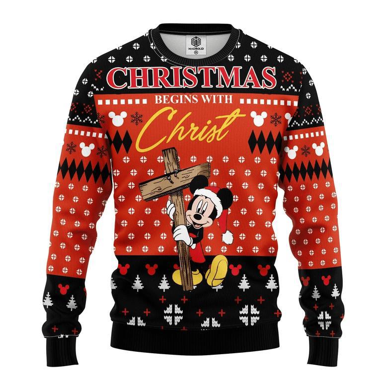 Disney ChristmasChristmas Sweater Christmas Begins With Christ MK Mouse Black Red Ugly Sweater