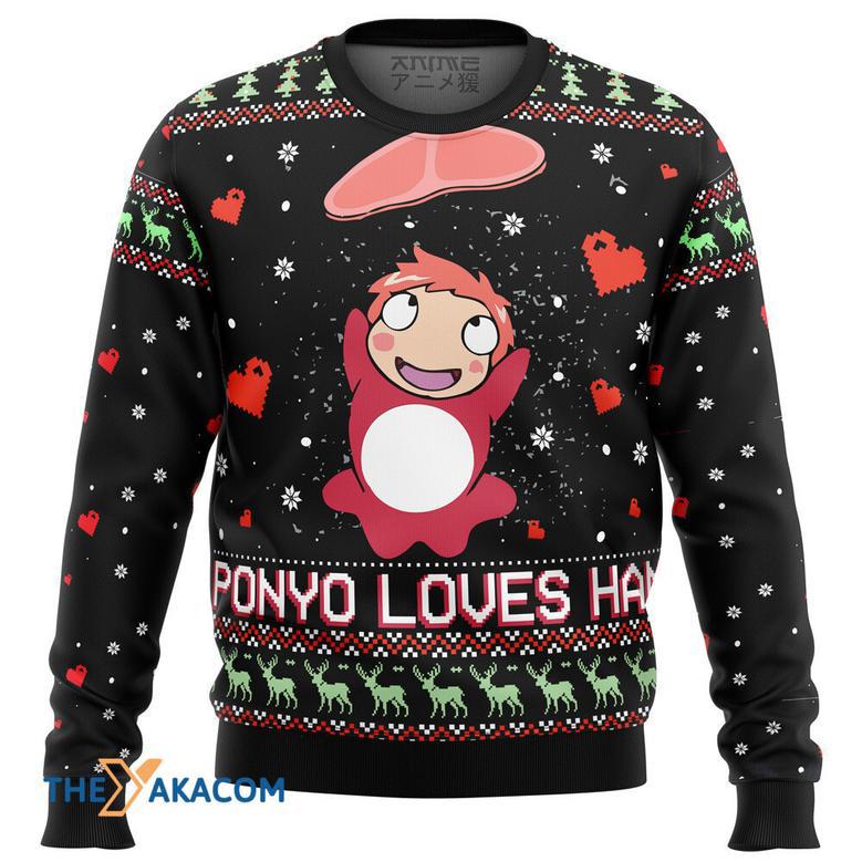 Ghibli Ponyo Loves Ham Gift For Fan Anime Christmas Ugly Sweater