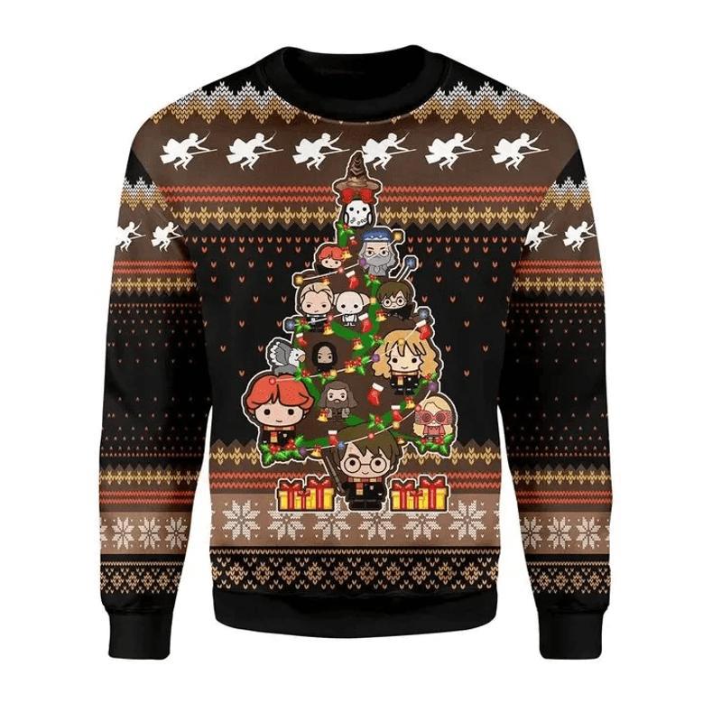 Harry Pottrt Christmas Sweater Harry Pottrt Characters Christmas Tree Brown Black Ugly Sweater