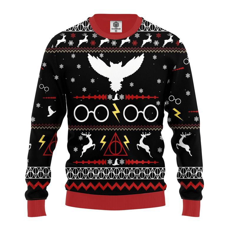 Harry Pottrt Christmas Sweater Harry Pottrt Owl The Deathly Hallows Symbol Black Red Ugly Sweater