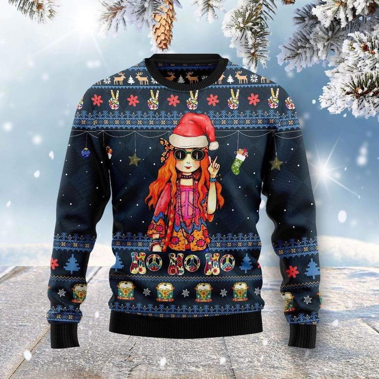 Hippie Sweater Hippie Girl Ho Ho Ho Christmas Pattern Dark Blue Ugly Sweater