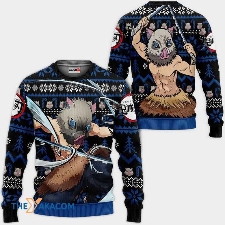 Inosuke Wears a Boar Mask Kimetsu no Yaiba Anime Custom Gift For Fan Anime Christmas Ugly Sweater