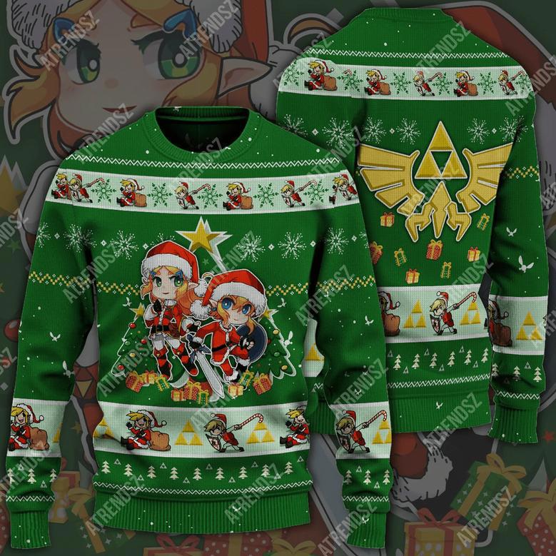 Legend Of Zelda Sweater Green Chibi Link Zelda Hyrule Symbol Ugly Sweater