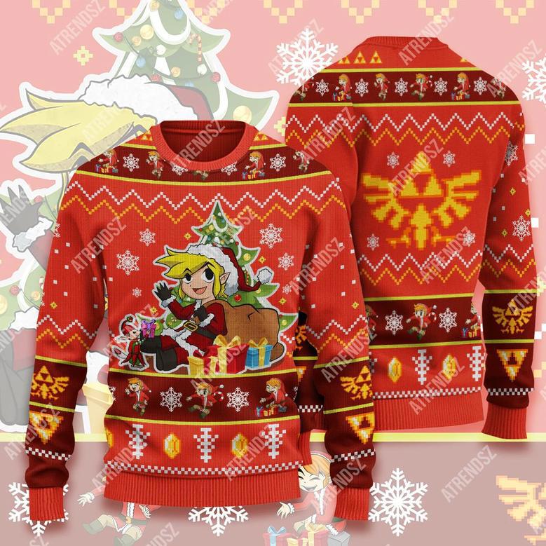 Legend Of Zelda Ugly Sweater Chibi Link Sitting Under Christmas Tree Sweater