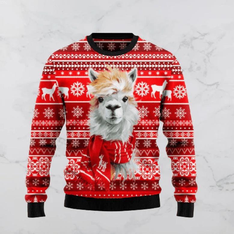 Llama Christmas Sweater Llama Wearing Scarf Christmas Pattern Red White Ugly Sweater