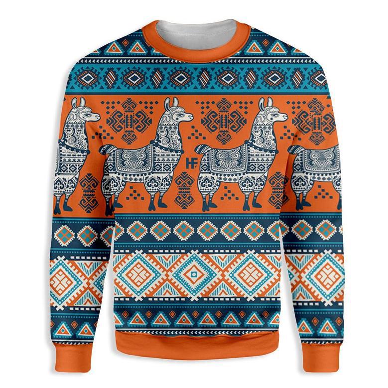 Llama Christmas Sweater Llama Yoga Pattern Orange Blue Ugly Sweater