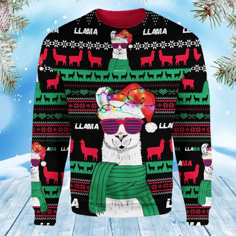 Llama Christmas Ugly Sweater Cool Llama With SungLilo And Stitchses And Scarf Black Green Christmas