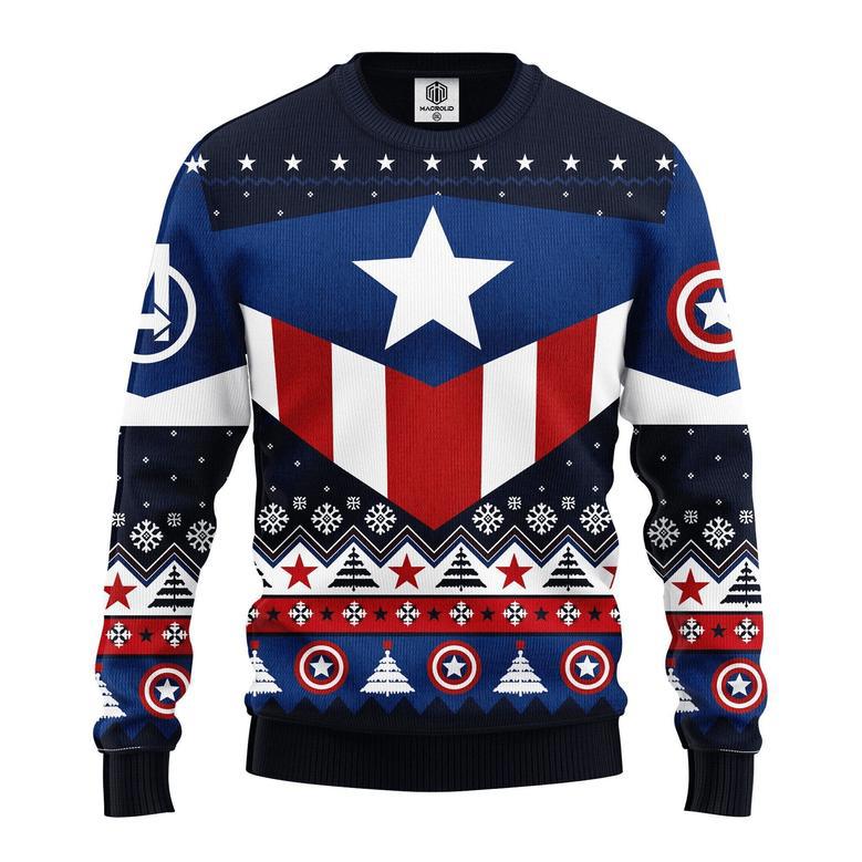 Marvel Captain American Christmas Ugly Sweater Captain American Christmas Pattern Blue Red White