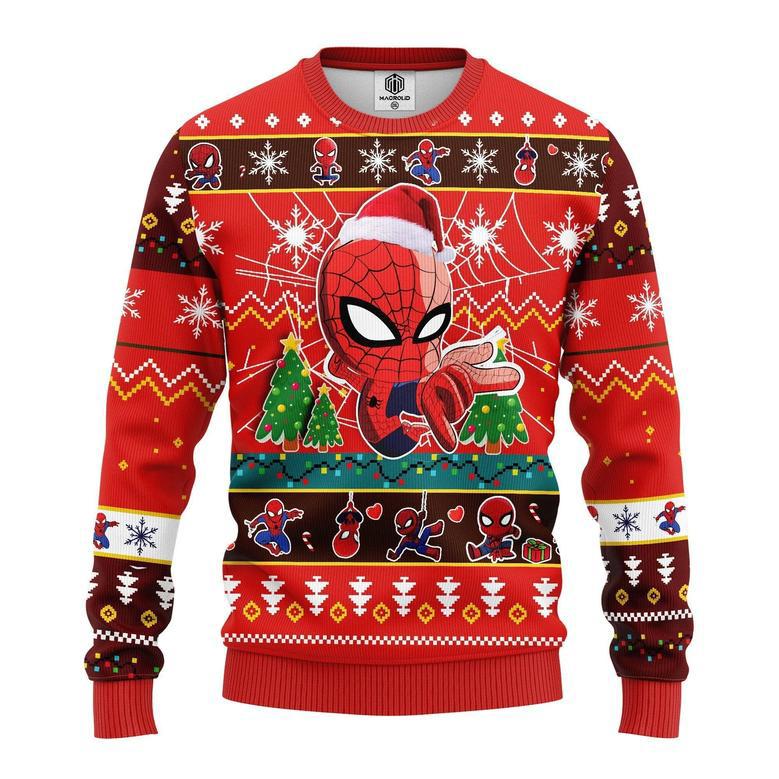 Marvel Spider Man Christmas Ugly Sweater Spider Man Chibi Cute Christmas Pattern Red Sweater Marvel