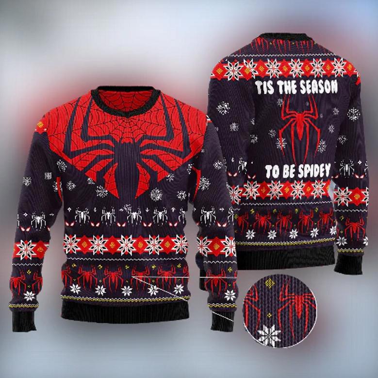 Marvel SpiderMan Christmas Ugly Sweater Spider Suit Christmas Tis The Season To Be Spidey Sweater