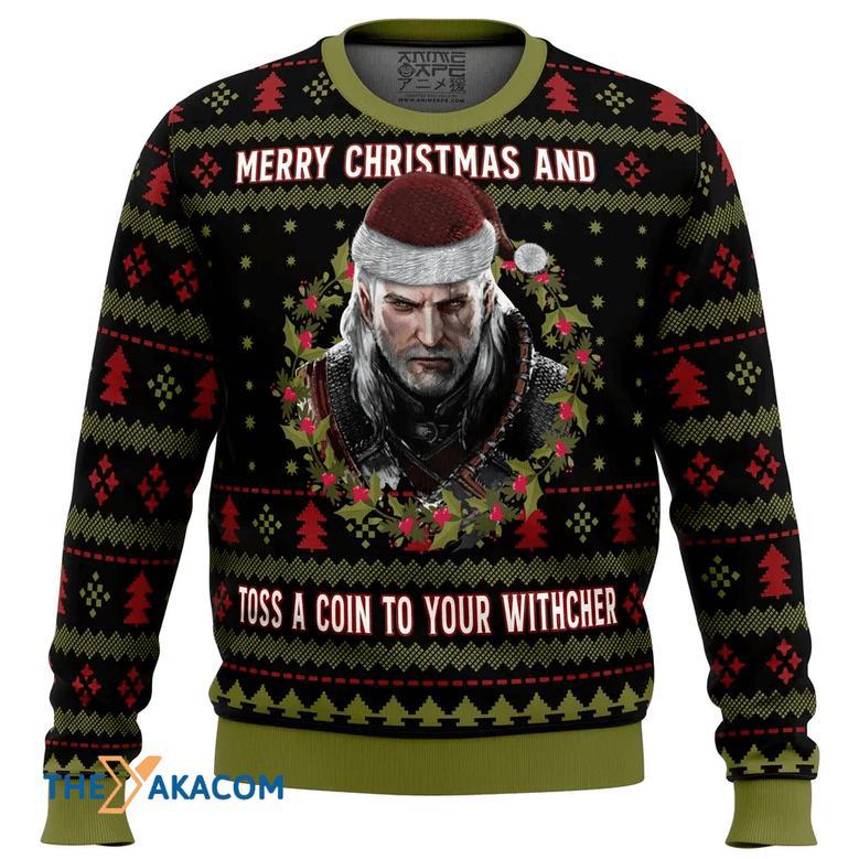 Merry Christmas and Toss a Coin The Witcher Gift For Fan Anime Christmas Ugly Sweater