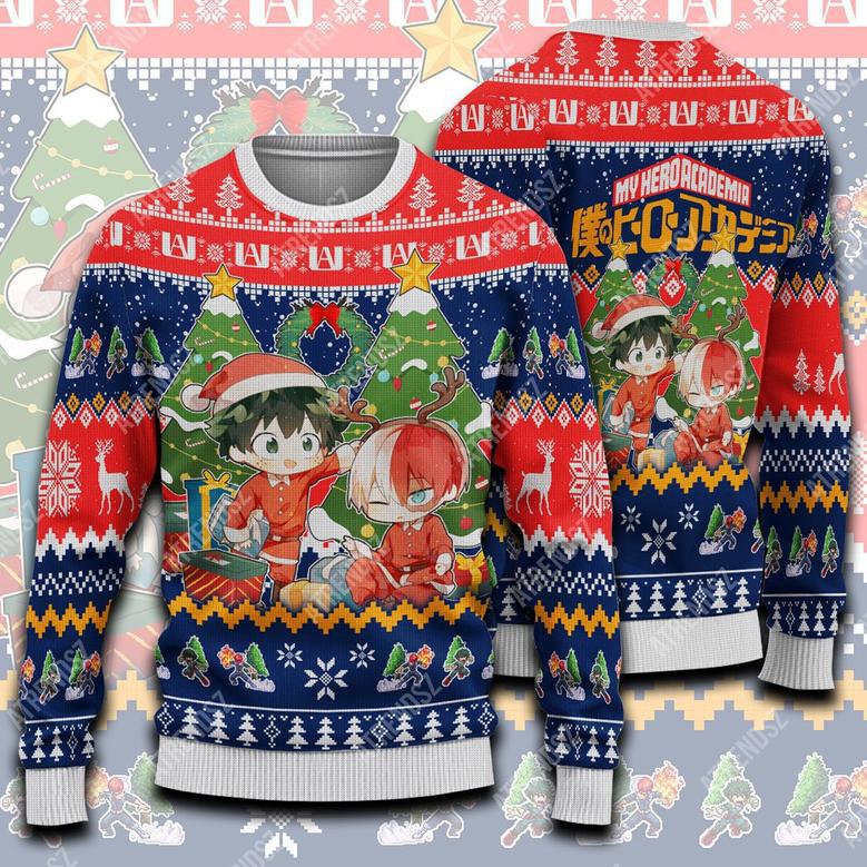 My Hero Academia Sweater Todoroki Shouto Midoriya Izuku Christmas Tree Blue Red Ugly Sweater