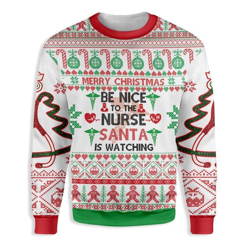 Nurse Christmas Sweater Merry Christmas Be Nice To The Nurse Santa Is Watching Red White Ugly Sweater