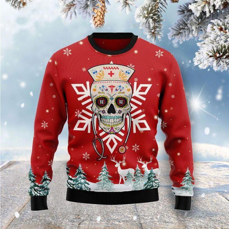 Nurse Christmas Sweater Sugar Skull Nurse Red Ugly Sweater