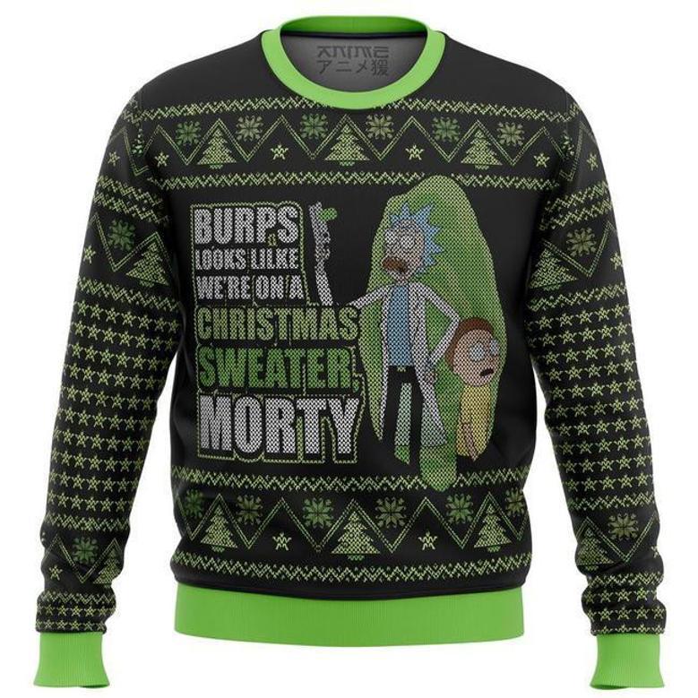 Rick And MortyBurps Look Like On A Christmas Sweater Morty Black Green Christmas Ugly Wool Sweater