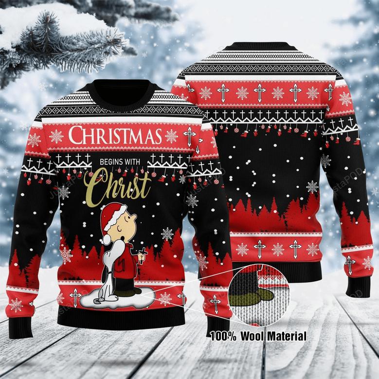 Snoopy Christmas Ugly Sweater Peanuts Snoopy And Charlie Christmas Begins With Christ Black Red