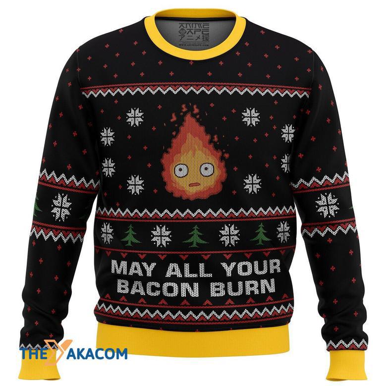 Studio Ghibli May All Your Bacon Burn Calcifer Gift For Fan Anime Christmas Ugly Sweater