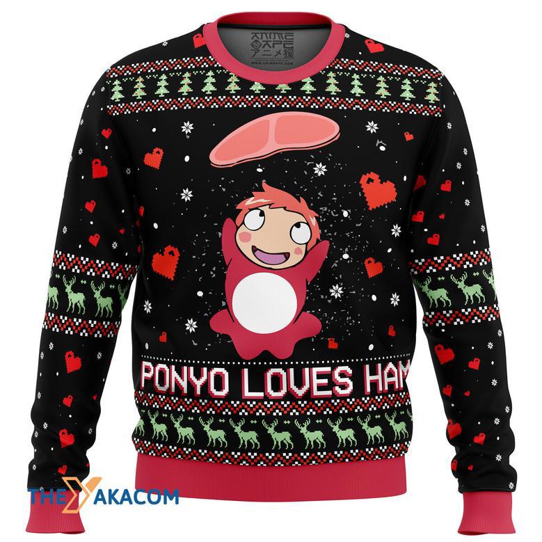 Studio Ghibli Ponyo Loves Ham Miyazaki Gift For Fan Anime Christmas Ugly Sweater