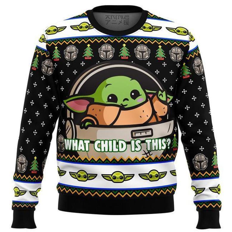 SW Christmas Sweater Grogu What Child Is This Green Black Ugly Sweater High Quality SW Ugly Sweater