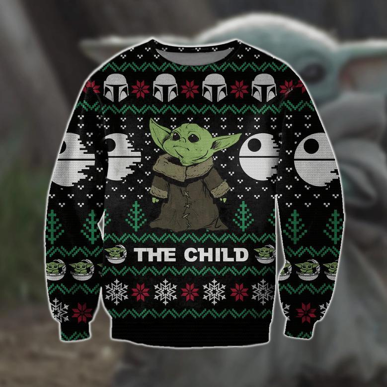 SW Christmas Ugly Sweater The Child Mando Helmet Death Star Pattern Christmas Black Sweater Cute