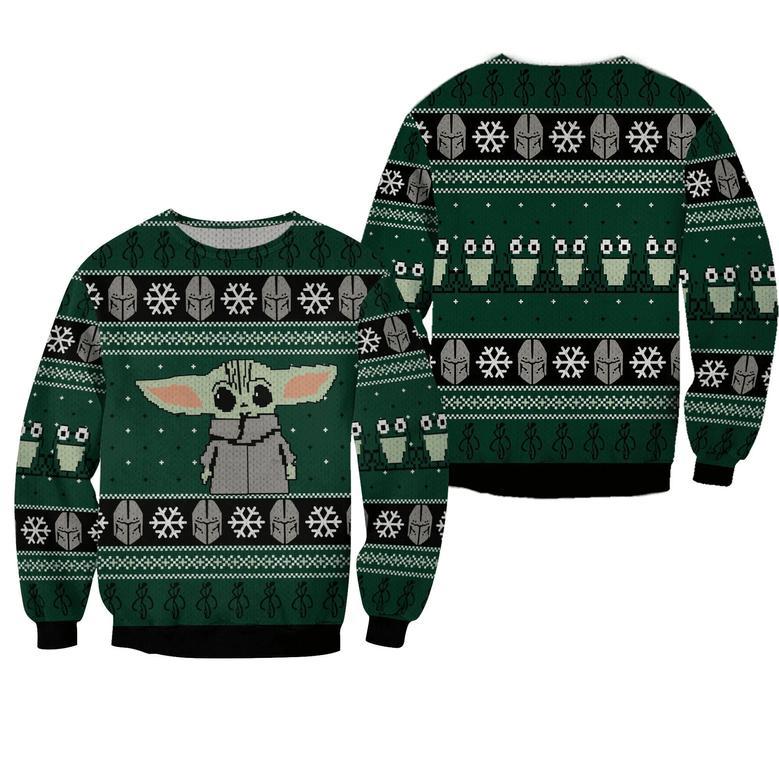 SW Mandalorian Christmas Sweater Mandalorian Helmet Pattern Grogu Green Ugly Sweater SW Ugly Sweater