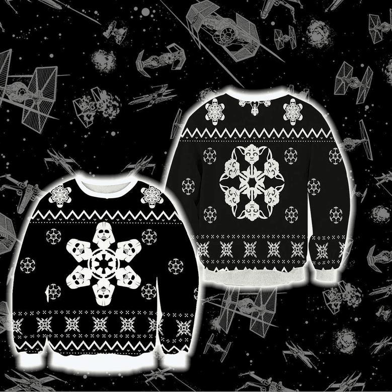 SW Sweater Christmas Snowflakes Sith Grogu Black White Ugly Sweater High Quality SW Ugly Sweater