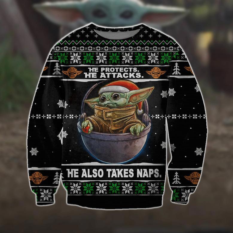 SW Ugly Sweater He Protects He Attacks He Also Takes Naps Grogu Christmas Black Sweater Cute SW Sweater